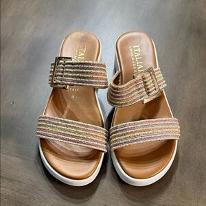 Italian Shoemakers Multistripe Buckle Slide Sandals — Tan Footbed, White Sole